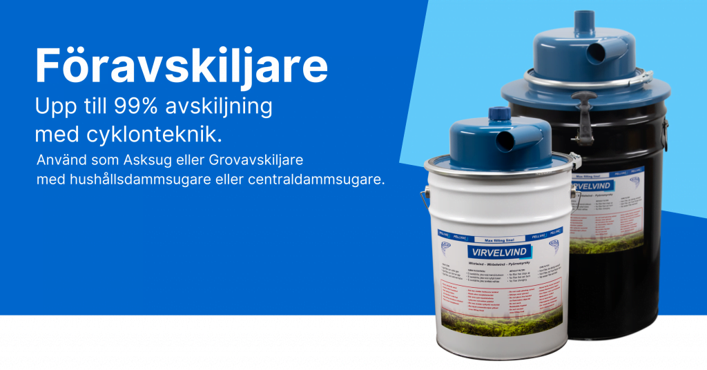Föravskiljare banner från Pellvac. Text visar asksug, sotsug och föravskiljare. 